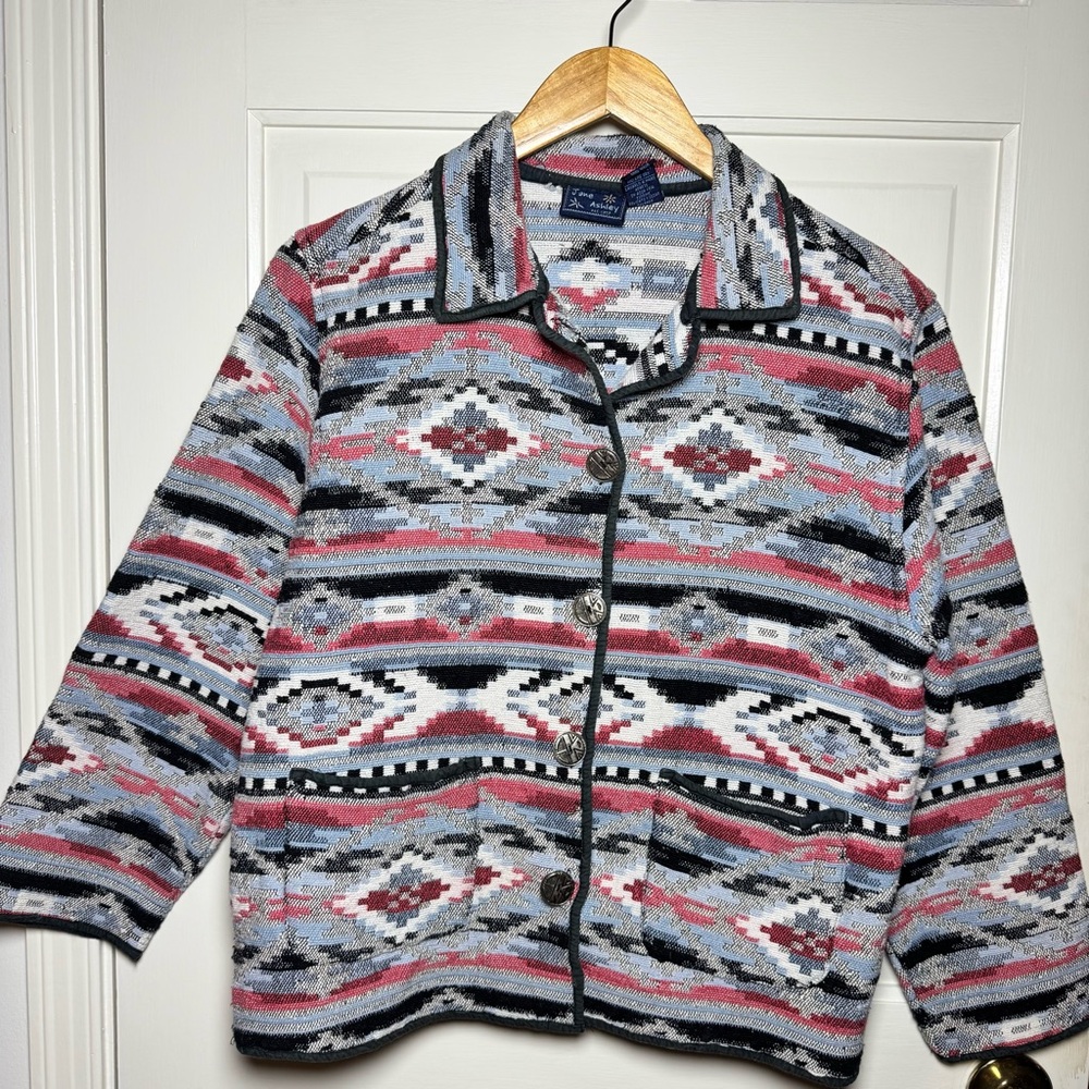 VTG Jane Ashley Tapestry Jacket Blazer Womens Sz L Southwestern Aztec Tribal Y2K
